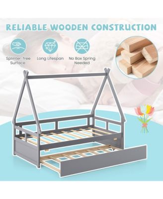 Twin Size House Bed w/ Trundle Roof & Safety Guardrail Wood Slat Support