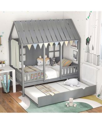Twin Size House Bed with Trundle Fence Decor Wooden Windows Tall Roof