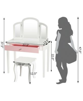 Kids Vanity Set with Tri-Folding Mirror and Chair – Princess Style Makeup Dressing Table