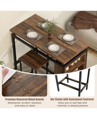 3-Piece Dining Table Set Bistro Table & 2 Bar Stools w/ 3-Tier Storage Shelf