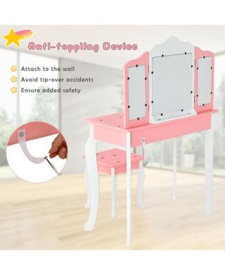 Kids Vanity Princess Makeup Dressing Table Chair Set W/ Tri-folding Mirror