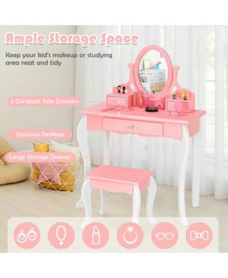 Kids Vanity Princess Makeup Dressing Table Stool Set W/ Mirror Drawer