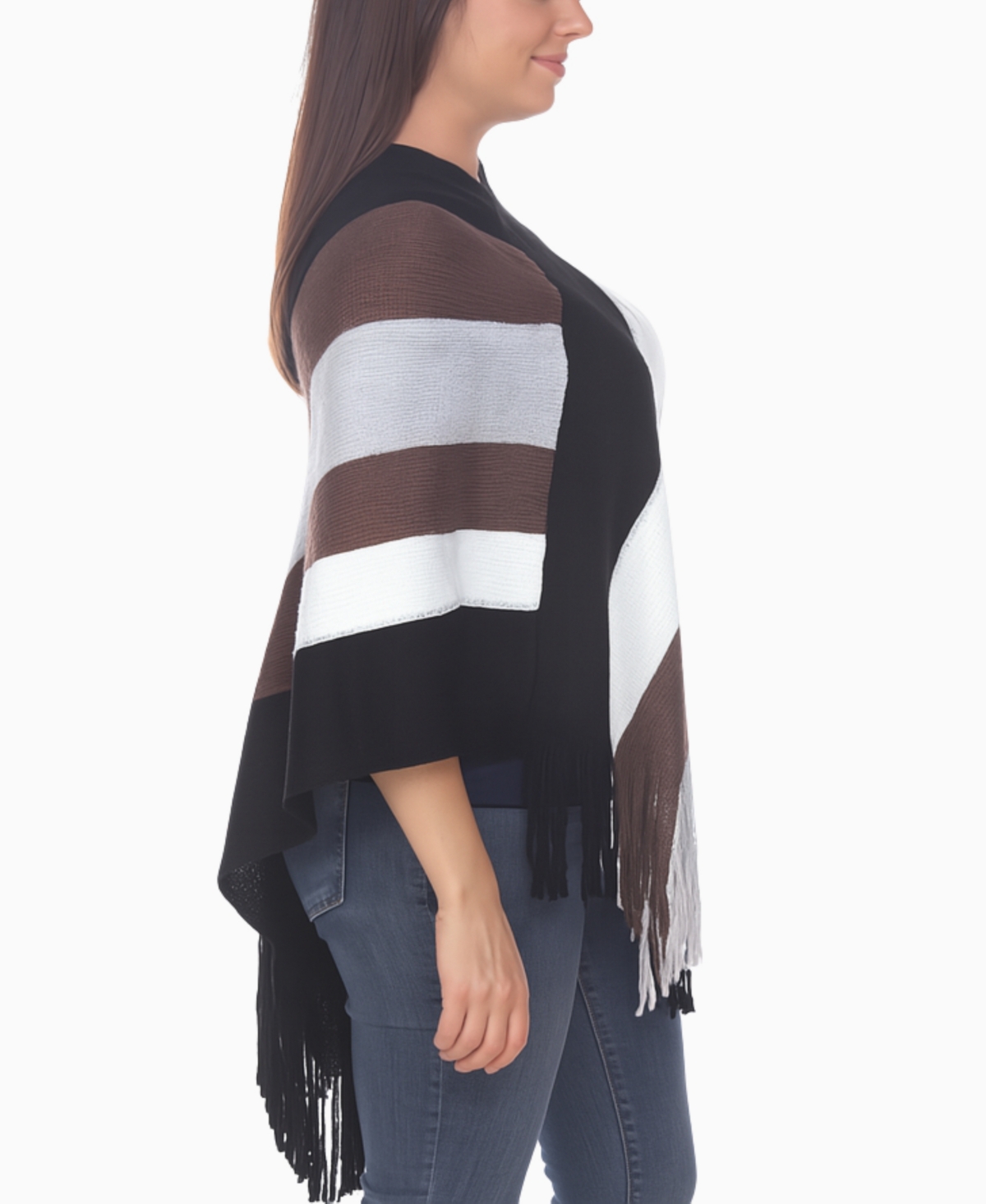 White Mark Women's Striped Knit Fringe Poncho Sweater In Multi