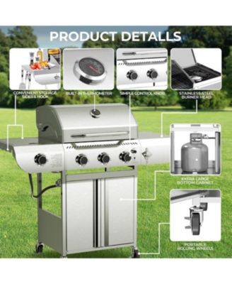 3-Burner Propane Gas Grill with Side Burner 34,000 BTU Stainless Steel Outdoor BBQ Grill, Cast Iron Grates, Portable for Patio, Camping
