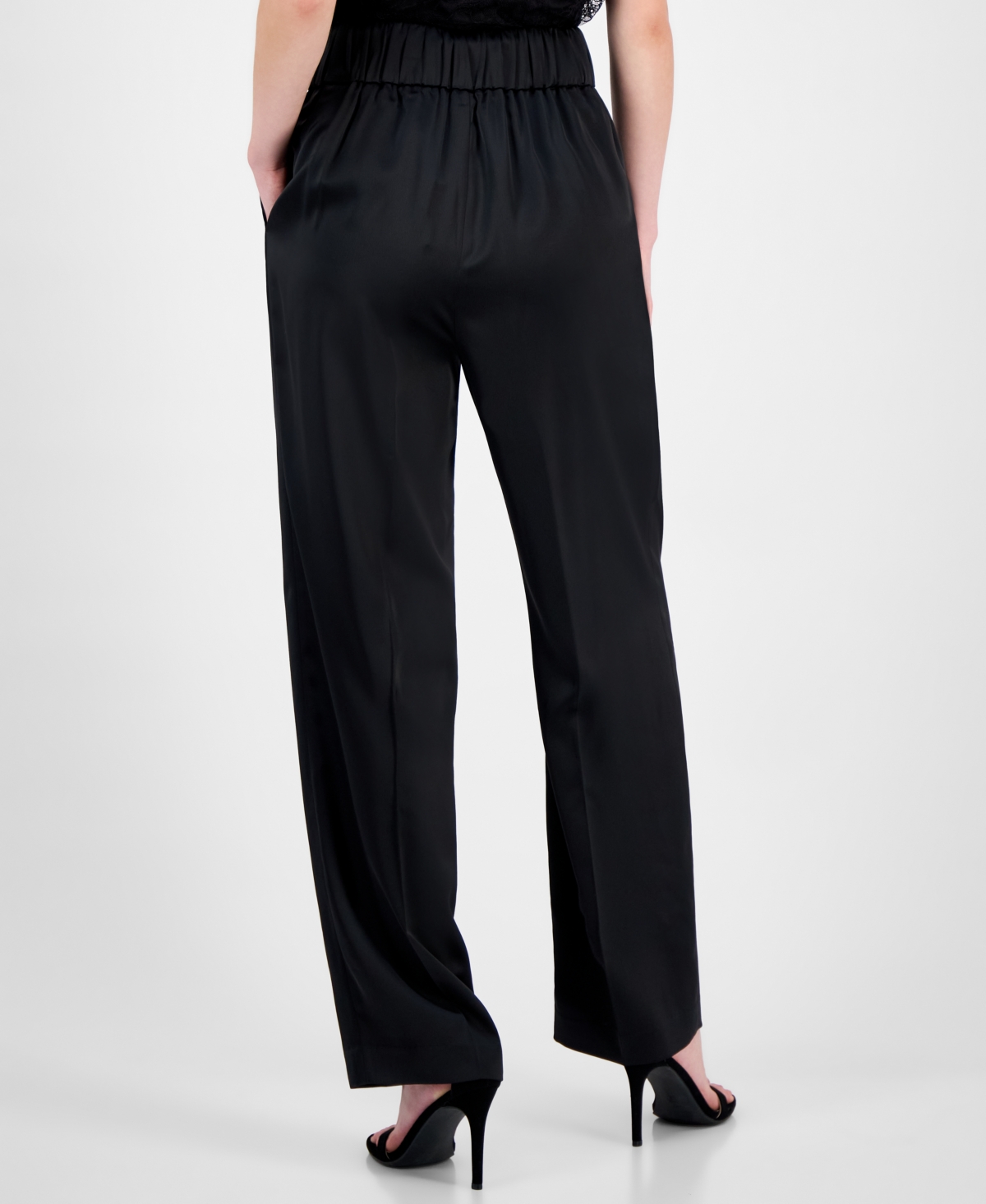 Anne Klein Petite Satin High-rise Wide-leg Pants In Black