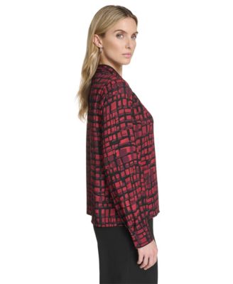 Petite Printed Long Sleeve Tie Neck Top