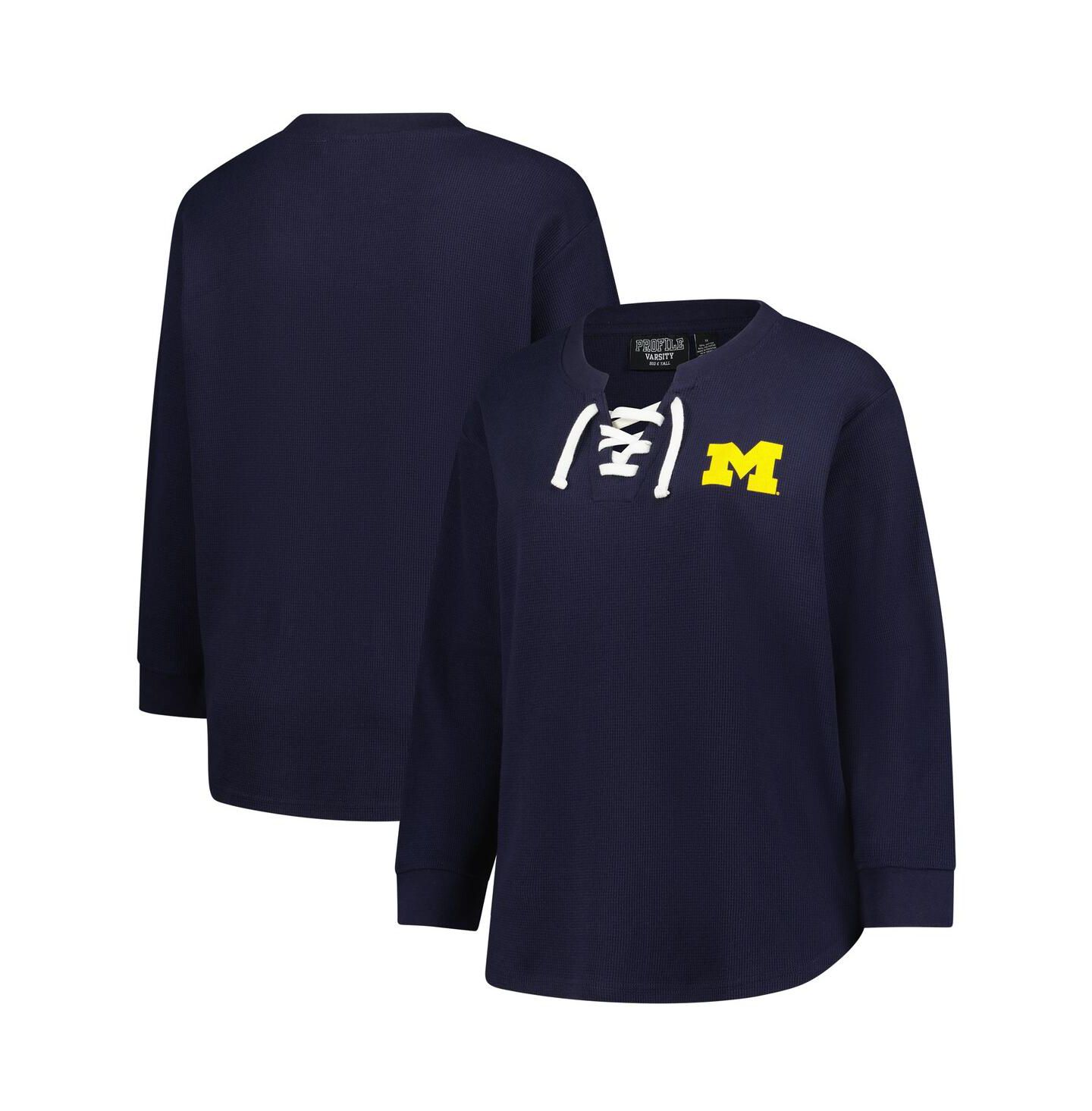 Женская футболка Fanatics Navy Michigan Wolverines Lace-Up Waffle Knit Plus Size Long Sleeve — фото 1