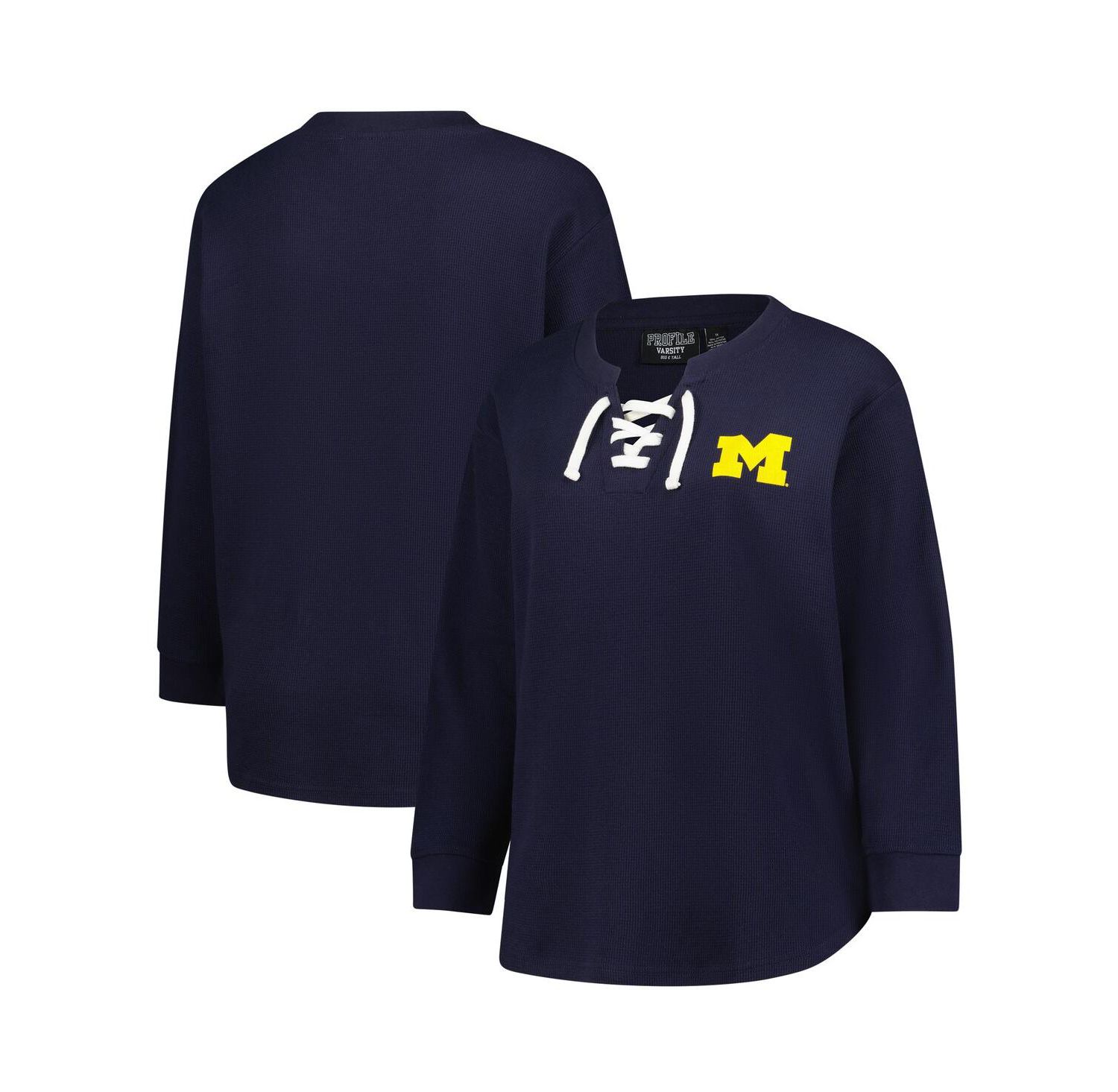 Women's Navy Michigan Wolverines Lace-Up Waffle Knit Plus Size Long Sleeve T-Shirt