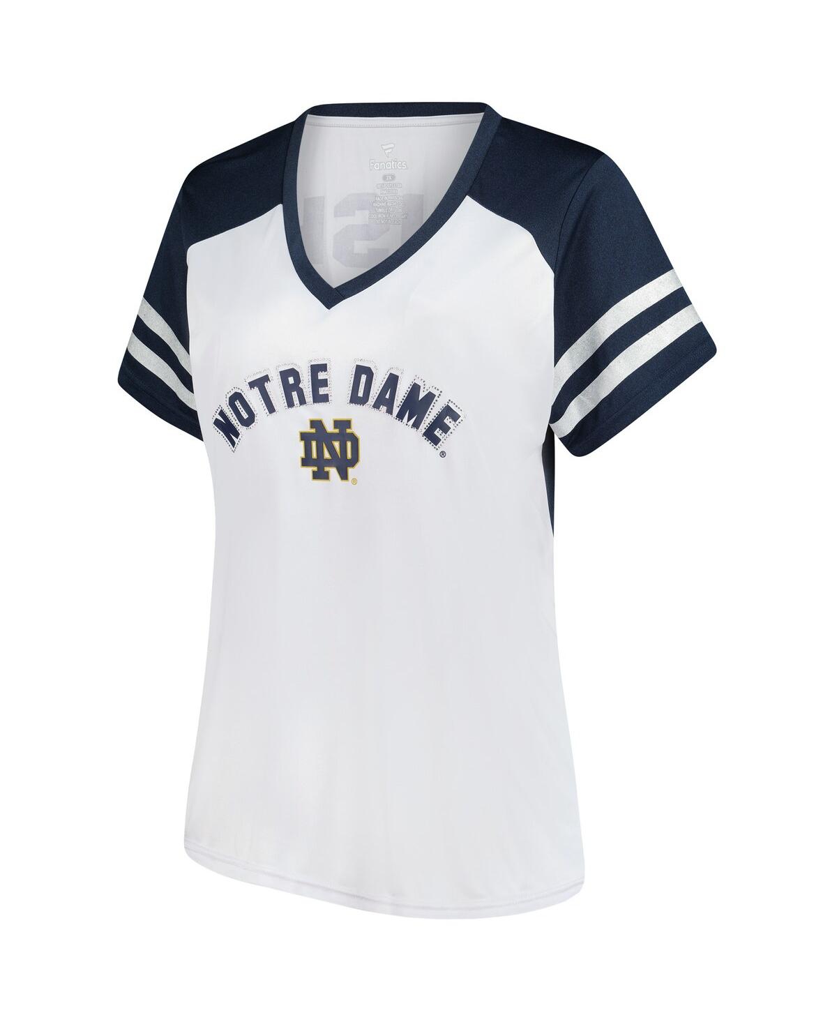 Fanatics Women's White Notre Dame Fighting Irish Plus Size Rhinestone Glitter Sleeve Stripe V-neck T-shirt In Blue