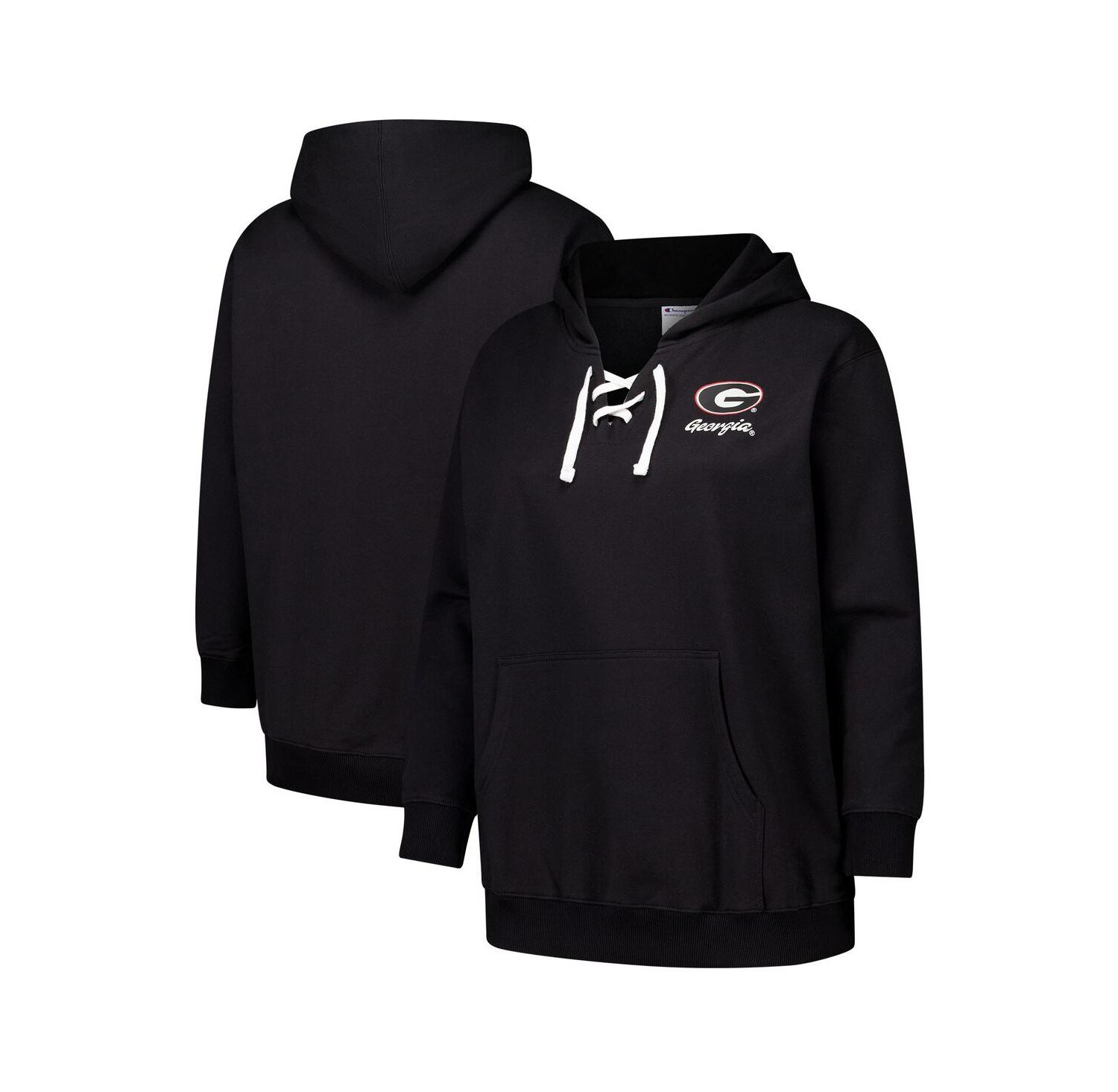 Women's Black Georgia Bulldogs Plus Size Scrip Lace-Up V-Neck Hoodie