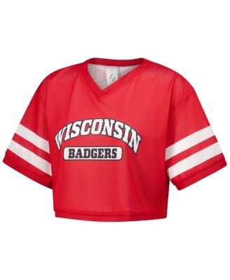 Women's Red Wisconsin Badgers Mesh Cropped V-Neck T-Shirt
