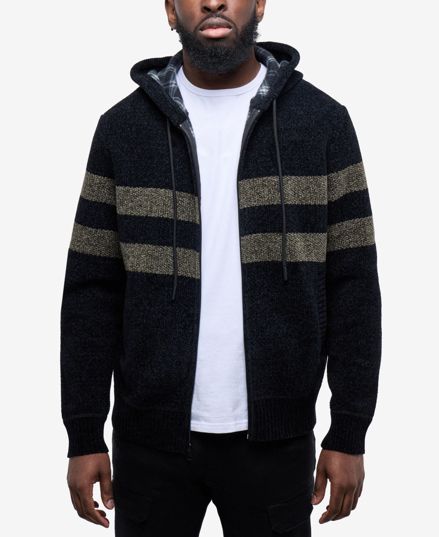 Мужской свитер CULTURA Full Zip Hooded Sweater With Stripes And Flannel Lining, цвет: Чёрный / Зелёный — фото 1