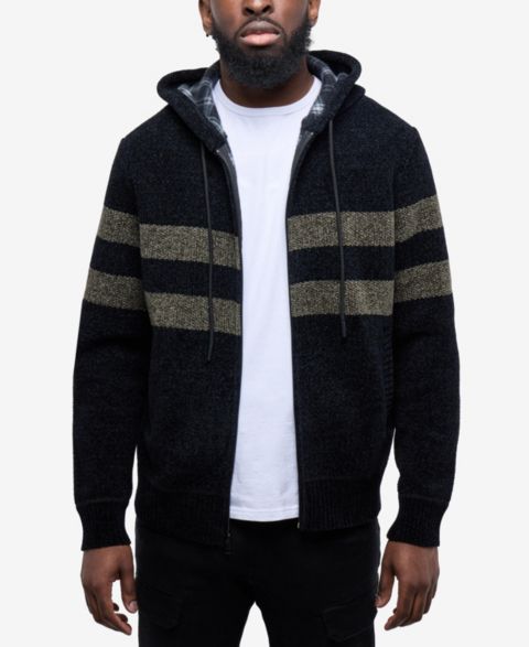 Мужской свитер CULTURA Full Zip Hooded Sweater With Stripes And Flannel Lining, цвет: Чёрный / Зелёный