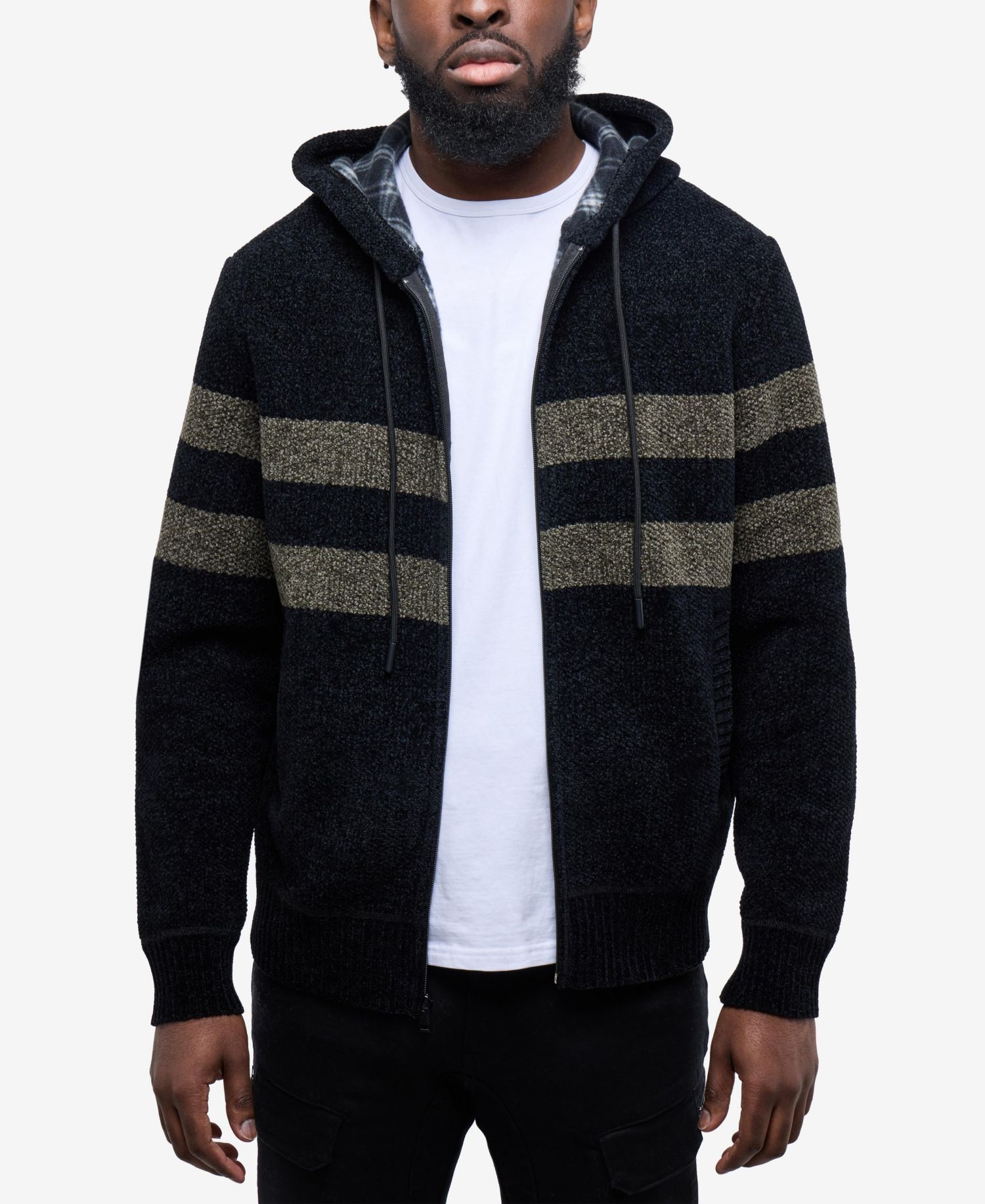 Men's Full Zip Hooded Sweater With Stripes And Flannel Lining