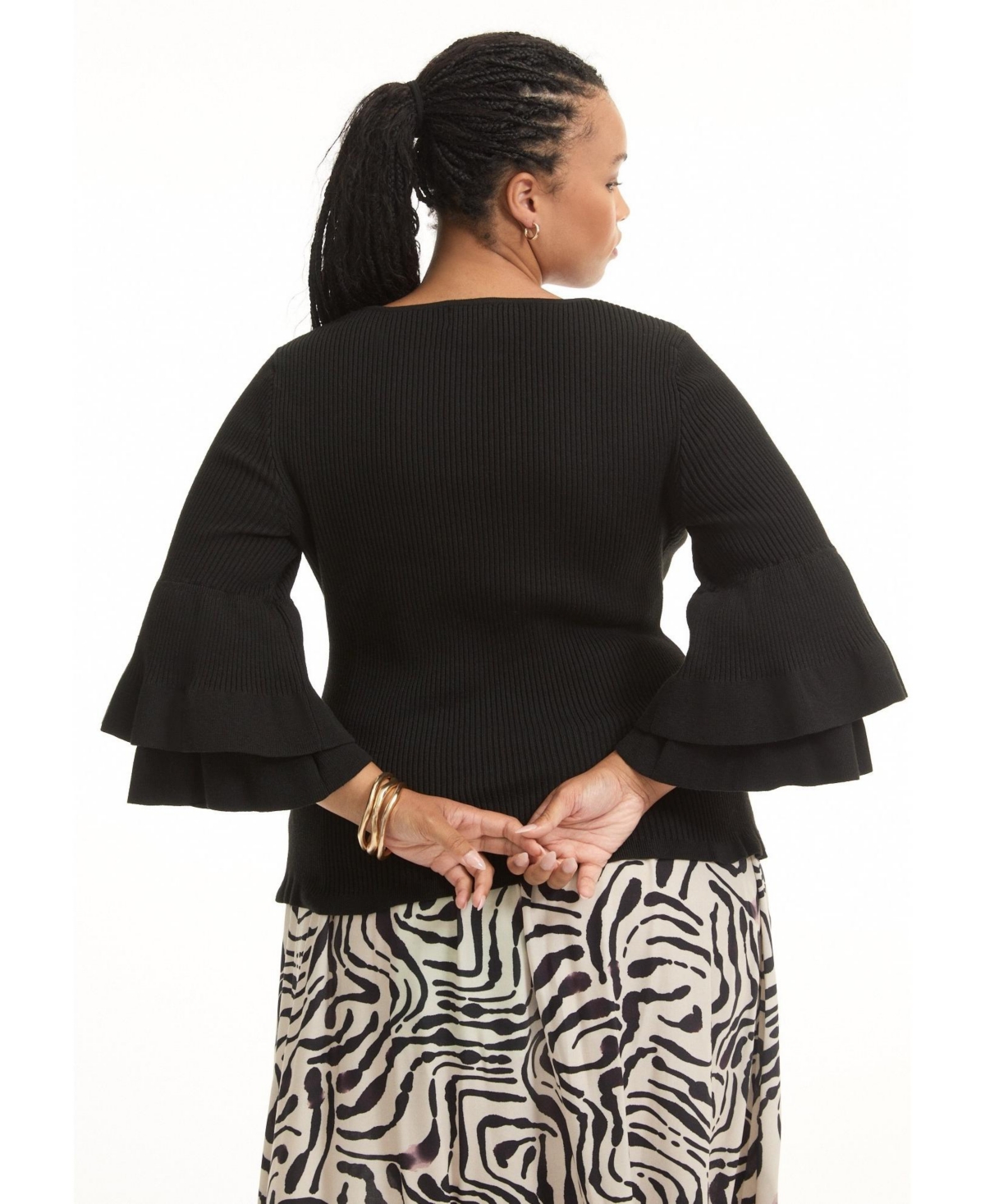 June + Vie Women's Plus Ruffled Long-Sleeve Sweater