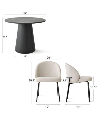 3-Piece 35 Inch Round Dining Set with Black Pedestal Table and 2 Fabric Upholstered Armless Chairs with Black Metal Legs-Maison Boucle