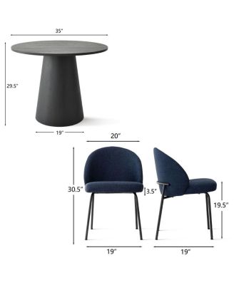 3-Piece 35 Inch Round Dining Set with Black Pedestal Table and 2 Fabric Upholstered Armless Chairs with Black Metal Legs-Maison Boucle