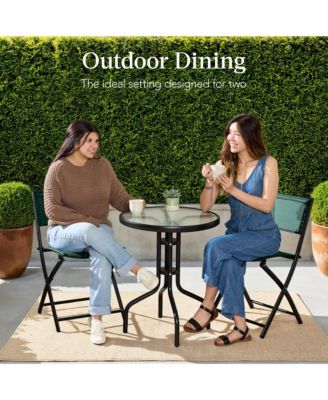 3-Piece Patio Bistro Dining Furniture Set w/ Round Textured Glass Tabletop, Folding Chairs