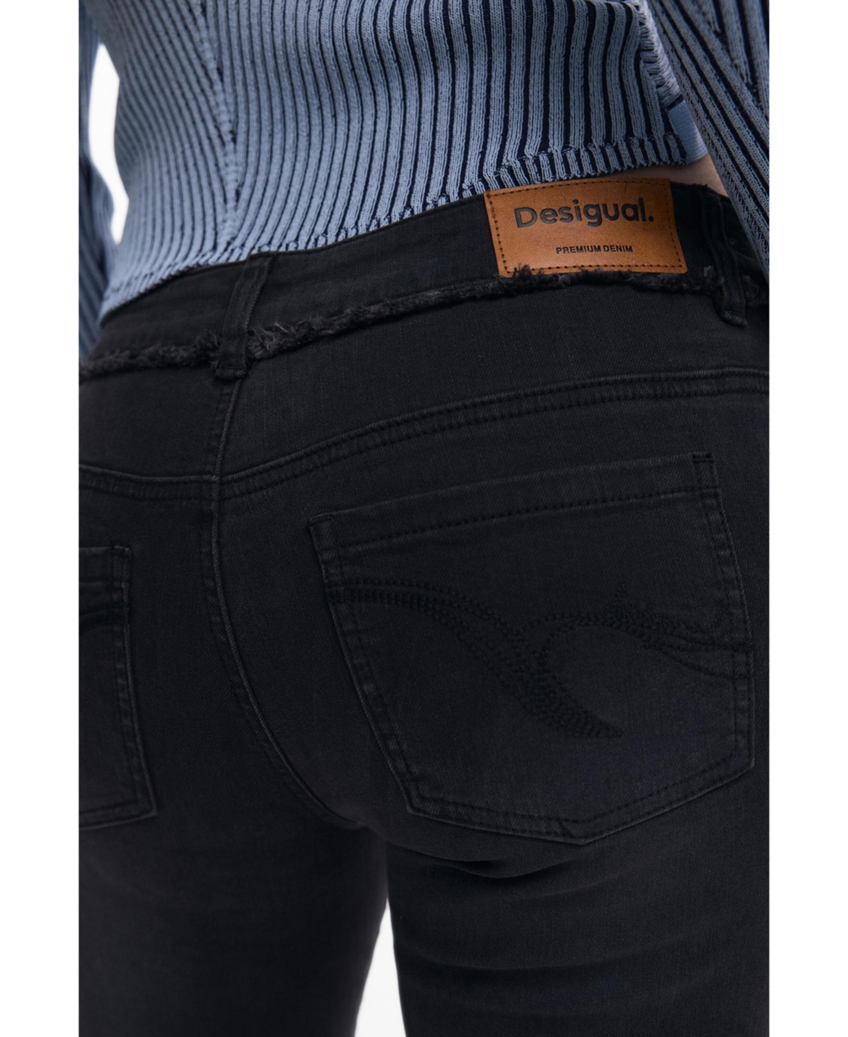 Desigual Frayed Low Rise Flare Jeans In Black