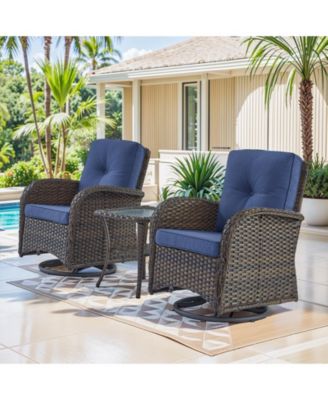 SleekArm Brown 3-Pieces Wicker Patio Conversation Set with Blue Cushions