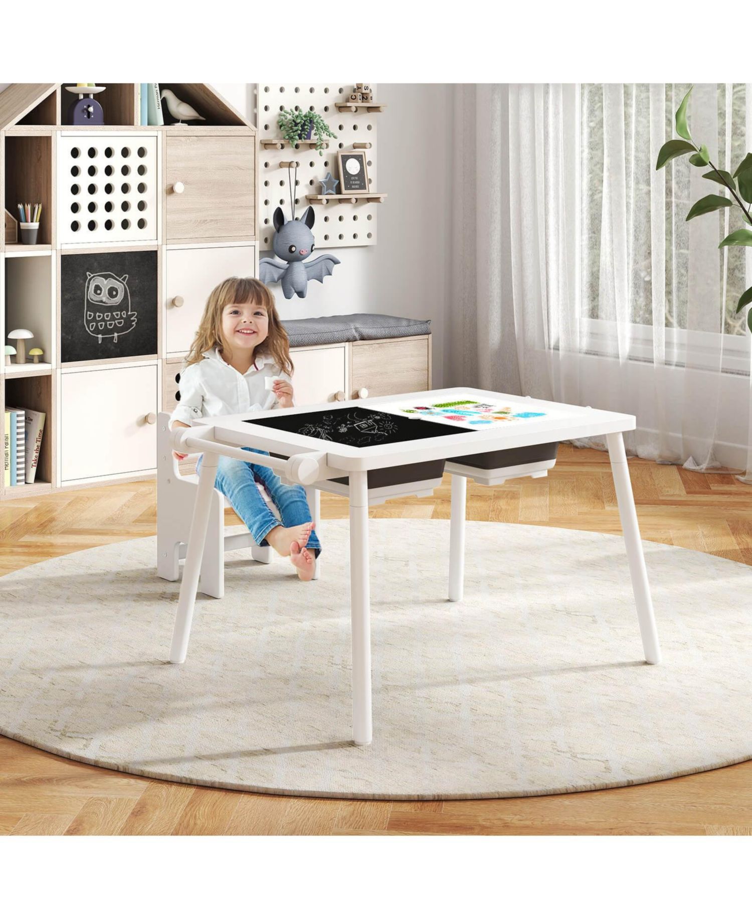 Ages 2-8 Multi-Use Activity Table and Chair with Foldable Bins, 2-Piece Set