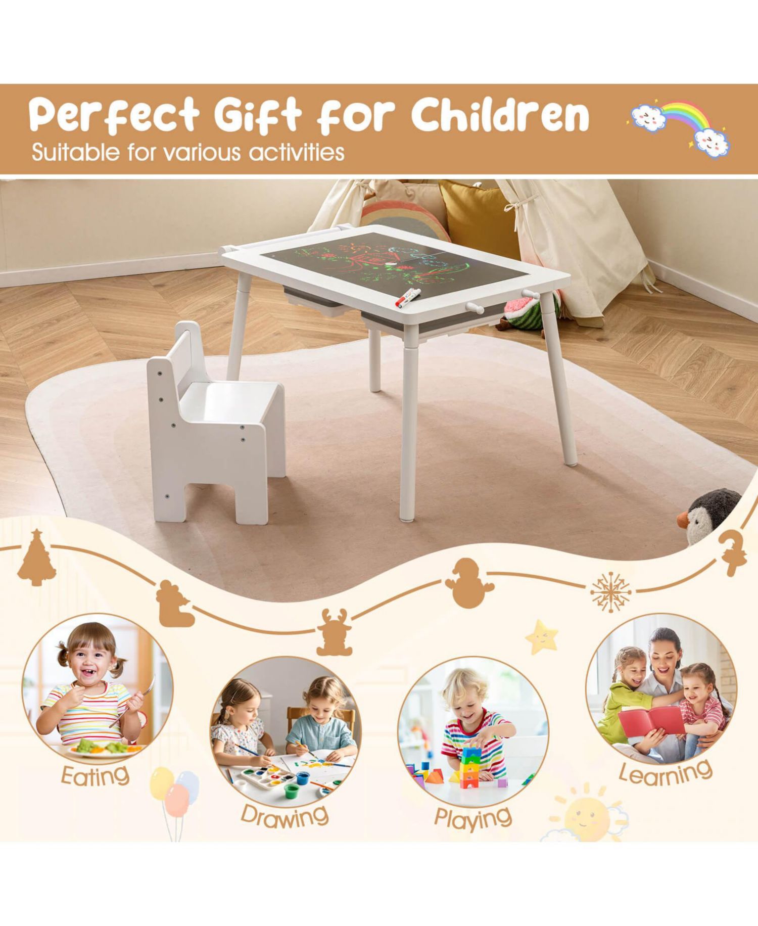 Ages 2-8 Multi-Use Activity Table and Chair with Foldable Bins, 2-Piece Set