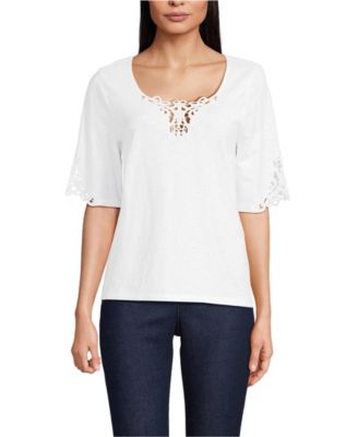 Women's Elbow Sleeve Slub Lace Trim T-Shirt