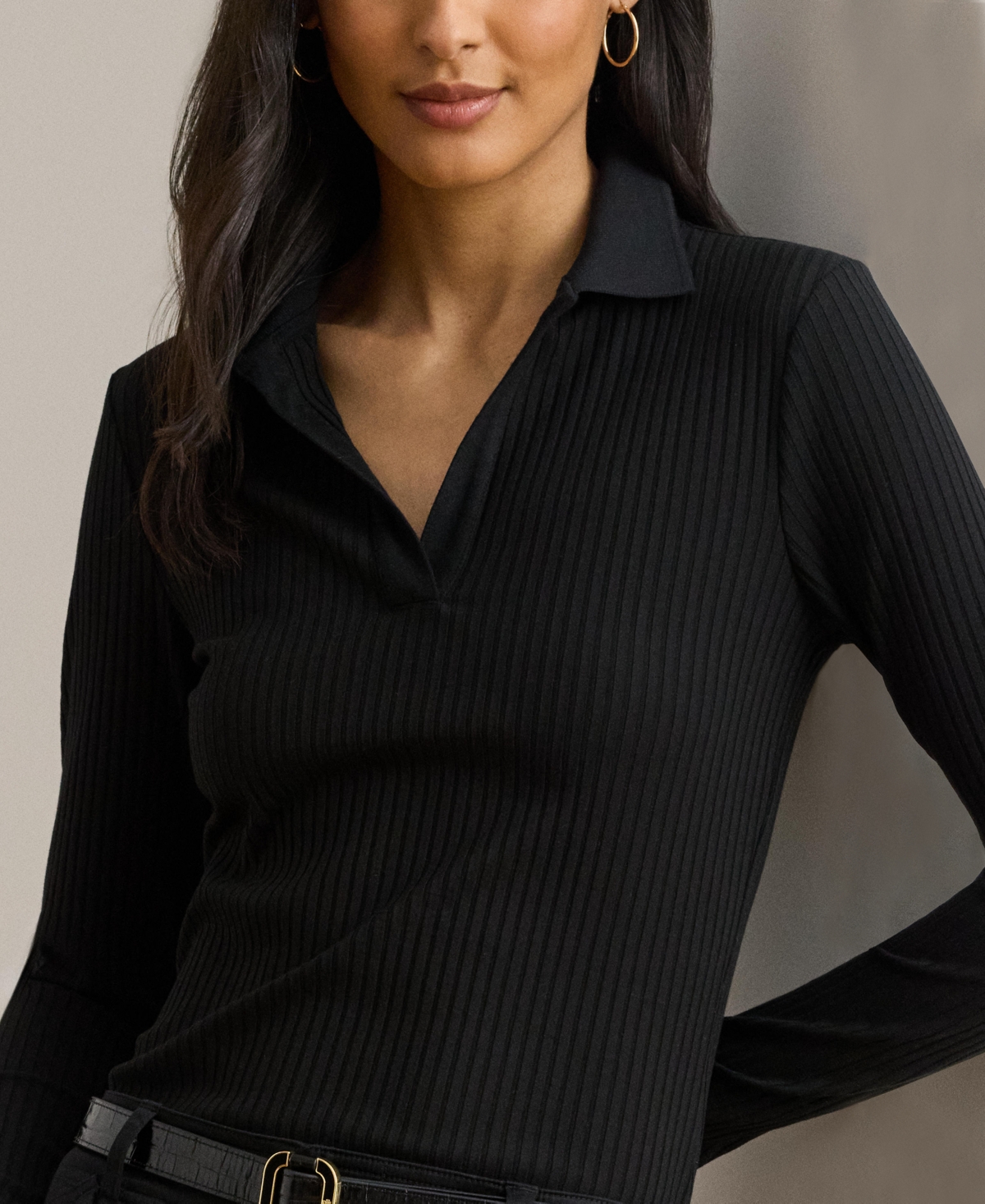 Lauren Ralph Women's Rib-Knit Long-Sleeve Polo Top
