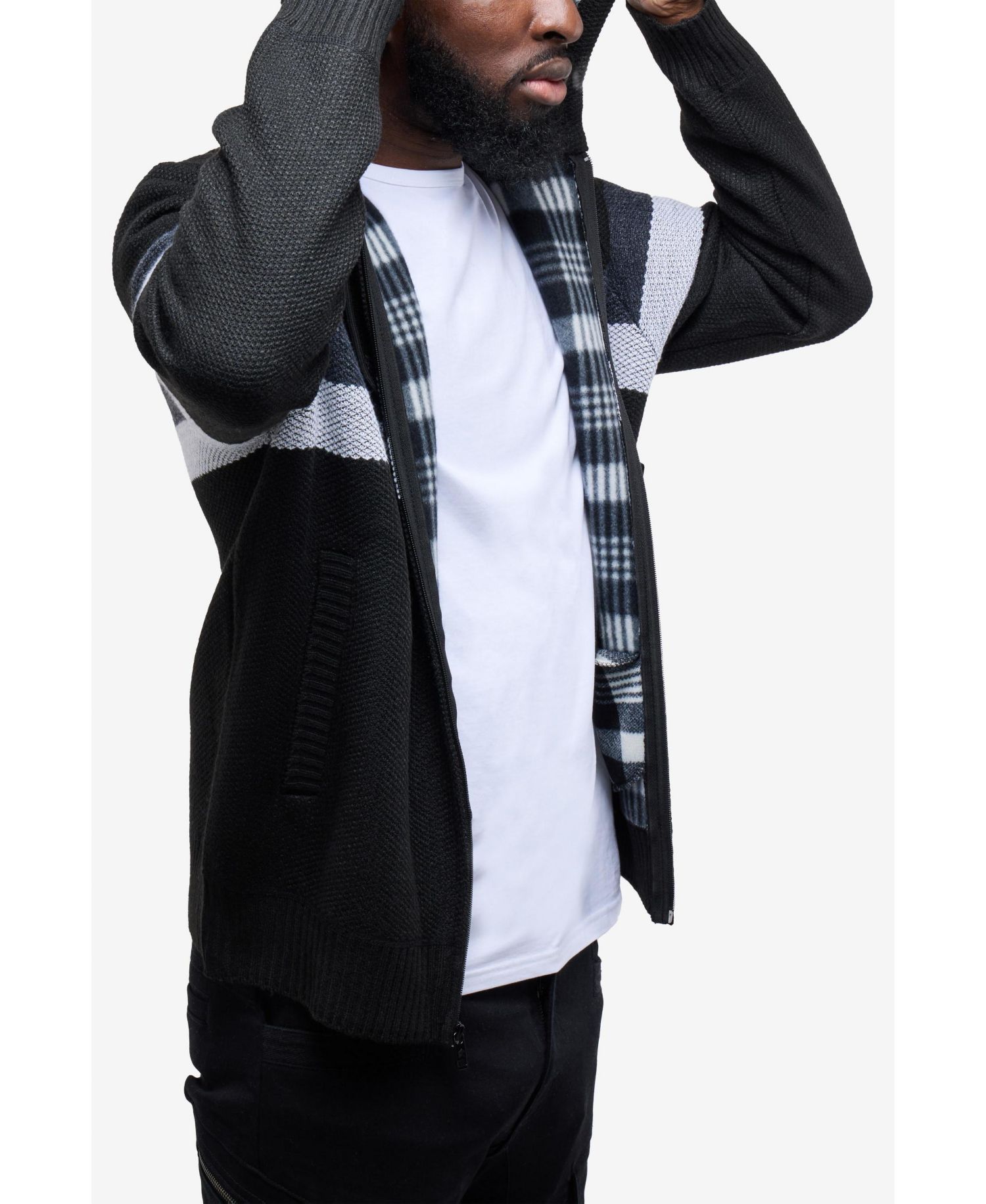 Men's Hooded Fleece Lined Full Zip Sweater With Stripes