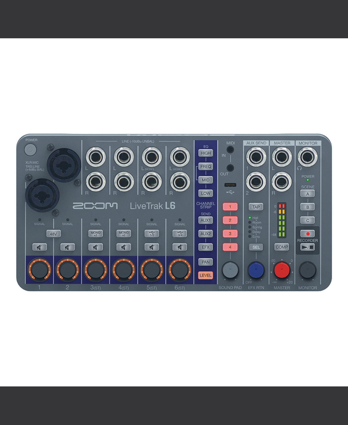 Zoom LiveTrak L6 10-Track Compact and Portable Digital Mixer/Recorder, Bundle with PodMic Microphone, TAPH100 Monitor Headphones, 25' Microphone Cable