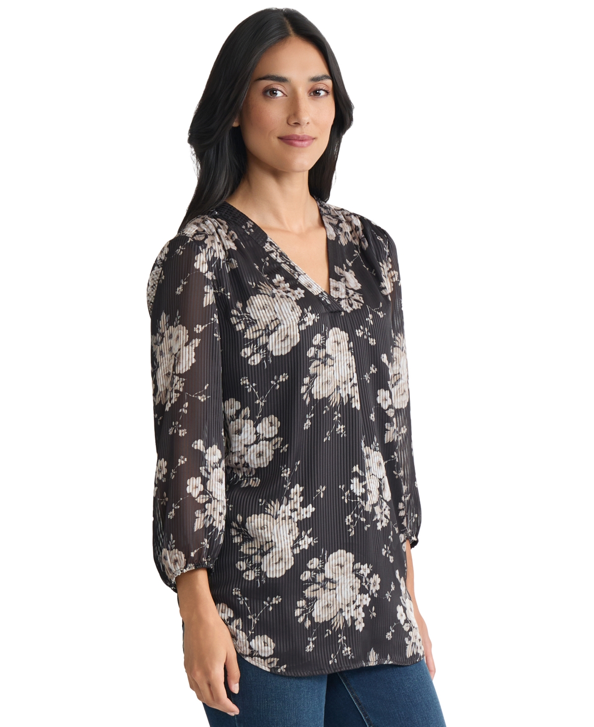 Jones New York Women's 3/4-sleeve V-neck Tunic Top In Black