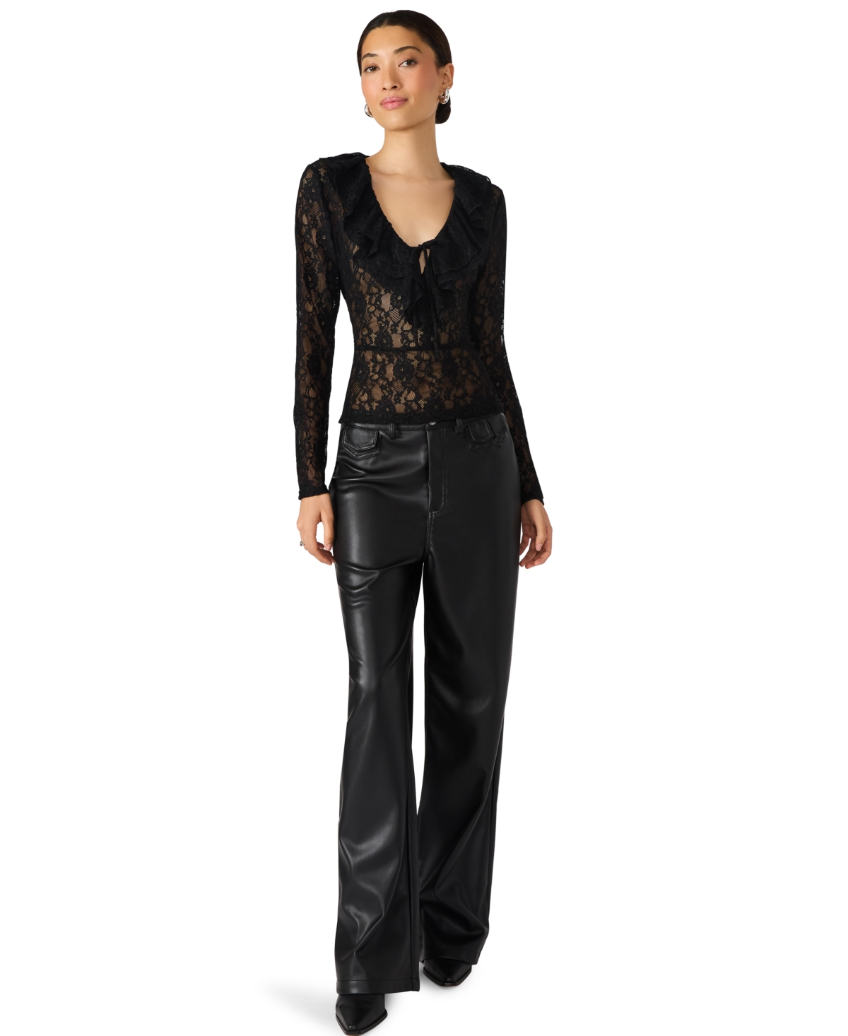 Steve Madden Elvie Sheer Lace Long Sleeve Top In Black