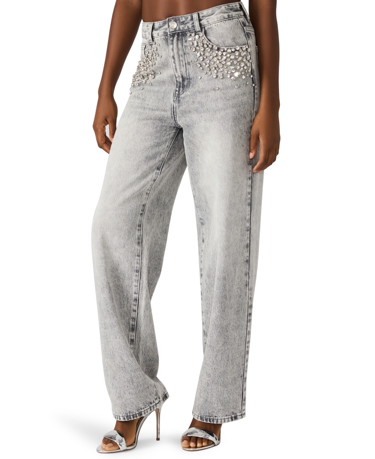 Steve Madden Eras Crystal Embellished Straight Leg Jeans In Gray
