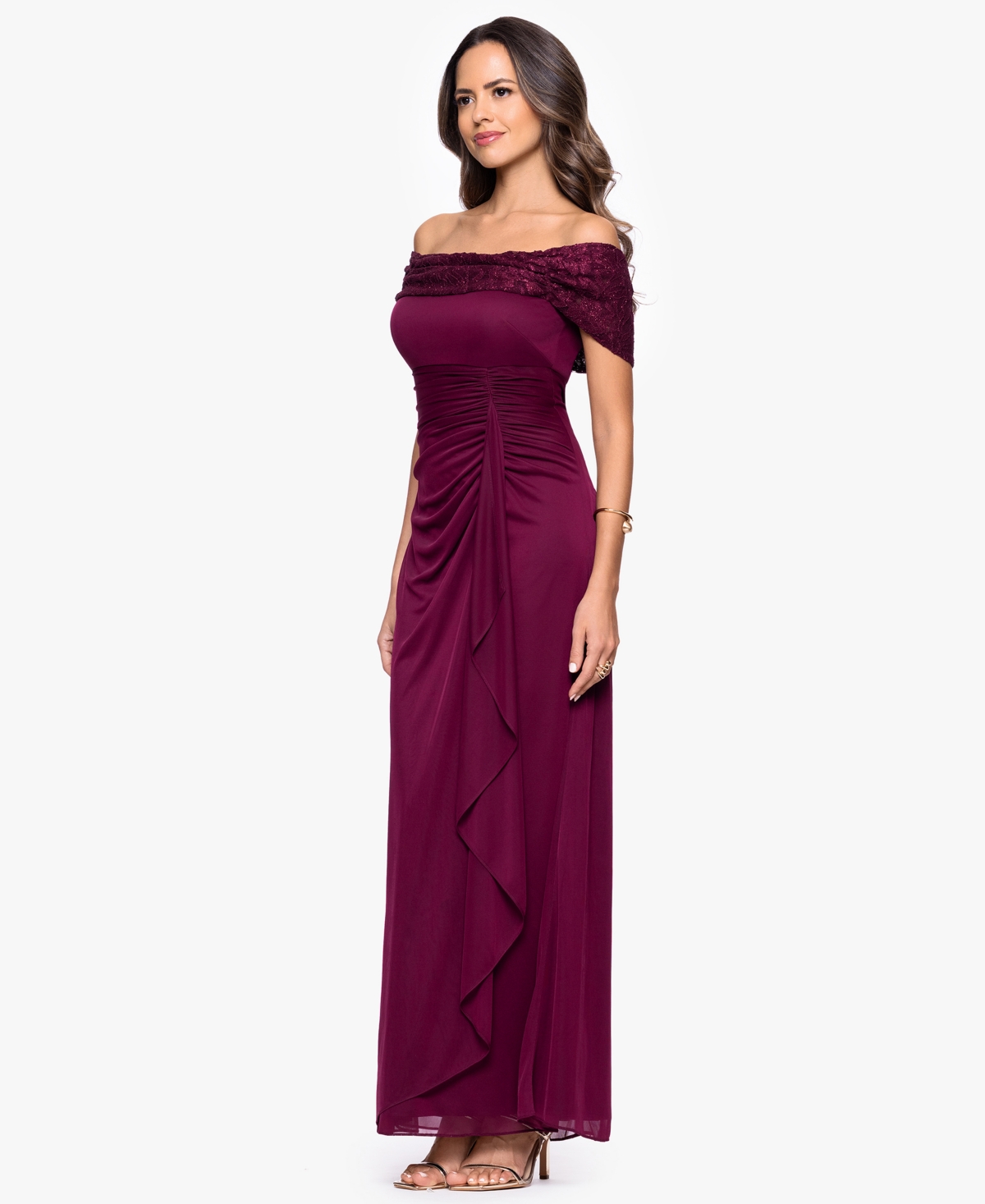 B & A By Betsy And Adam Betsy And Adam Women's Long Off-the-shoulder Dress In Purple