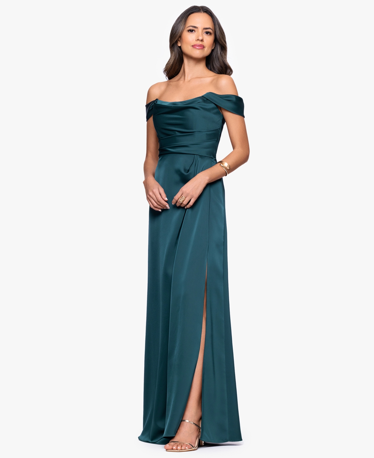 Betsy & Adam Heather Off The Shoulder Satin Gown In Green