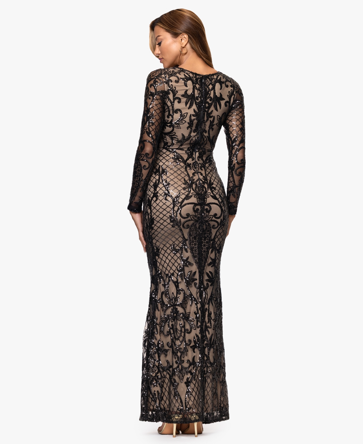 Betsy & Adam Women's Long Sequined Stretch Gown In Black