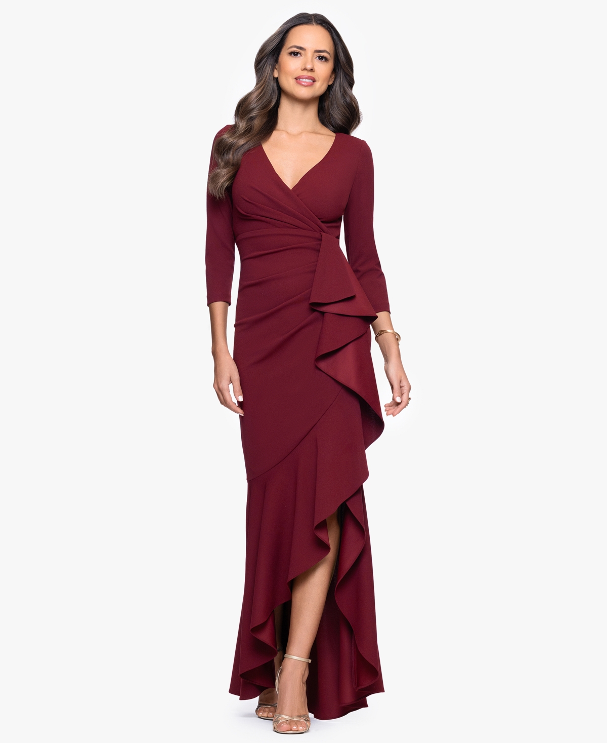 Betsy & Adam Women's Long Cascading Ruffle Gown In Burgundy
