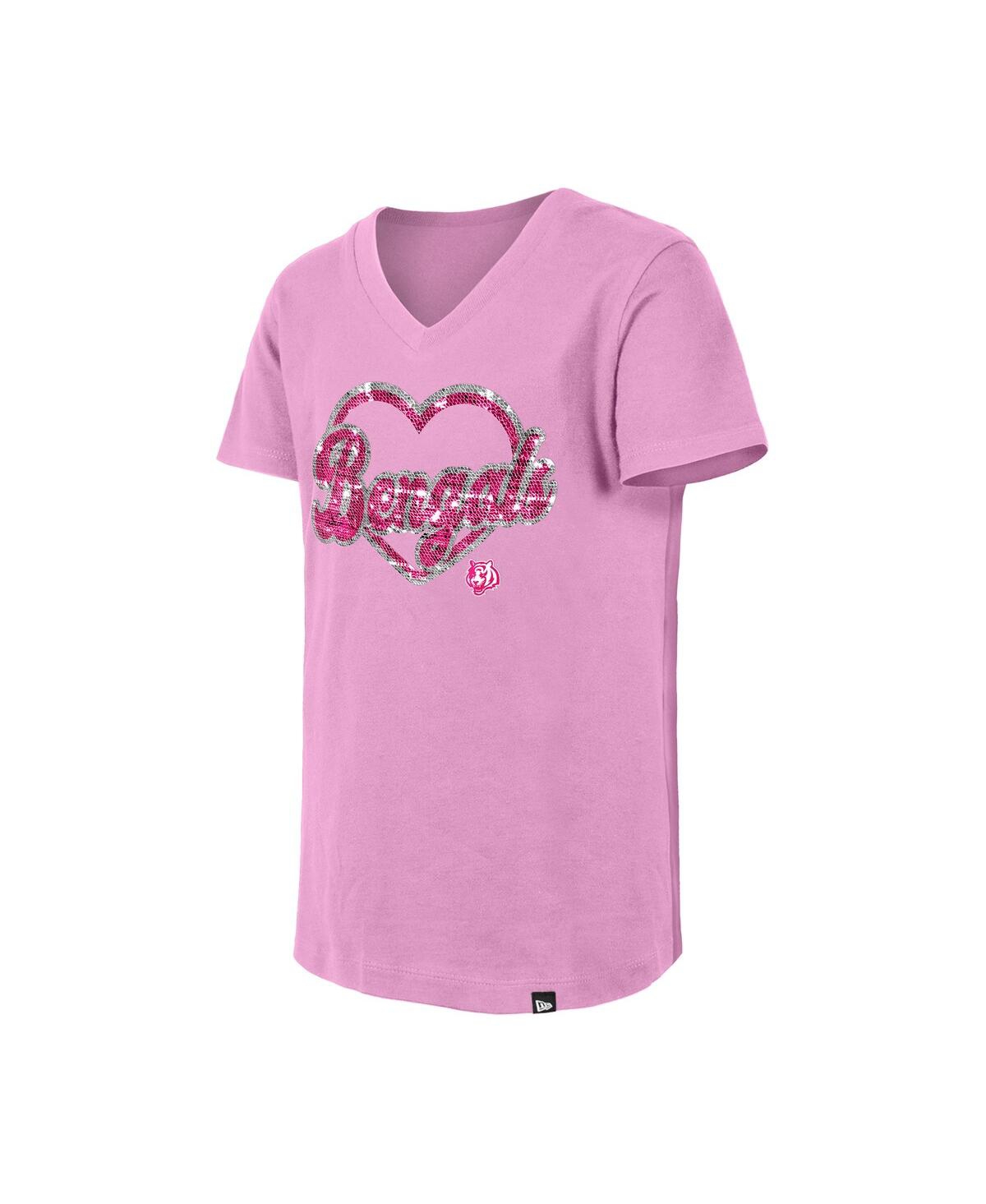 New Era Big Girls Pink Cincinnati Bengals Flip Sequins V-Neck T-Shirt