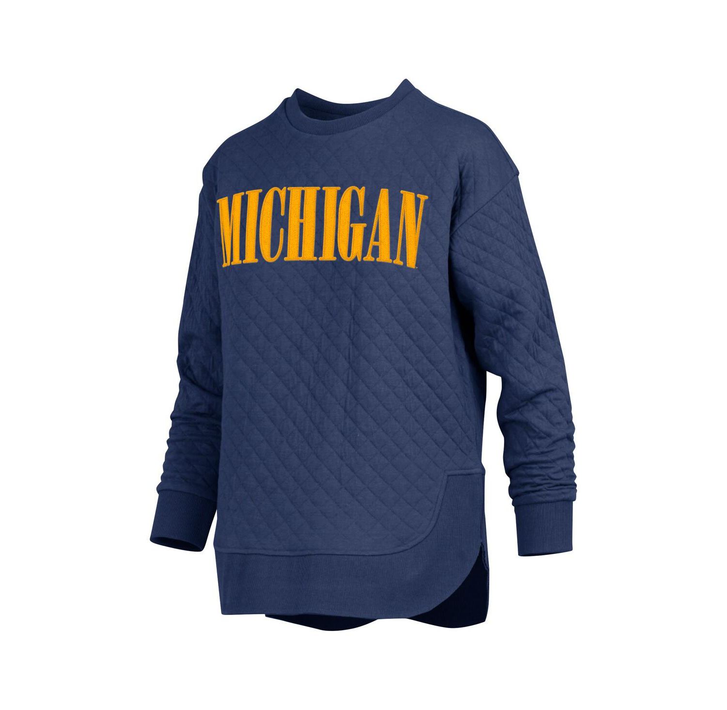 Women's Navy Michigan Wolverines Quilted Long Sleeve Pullover Sweatshirt