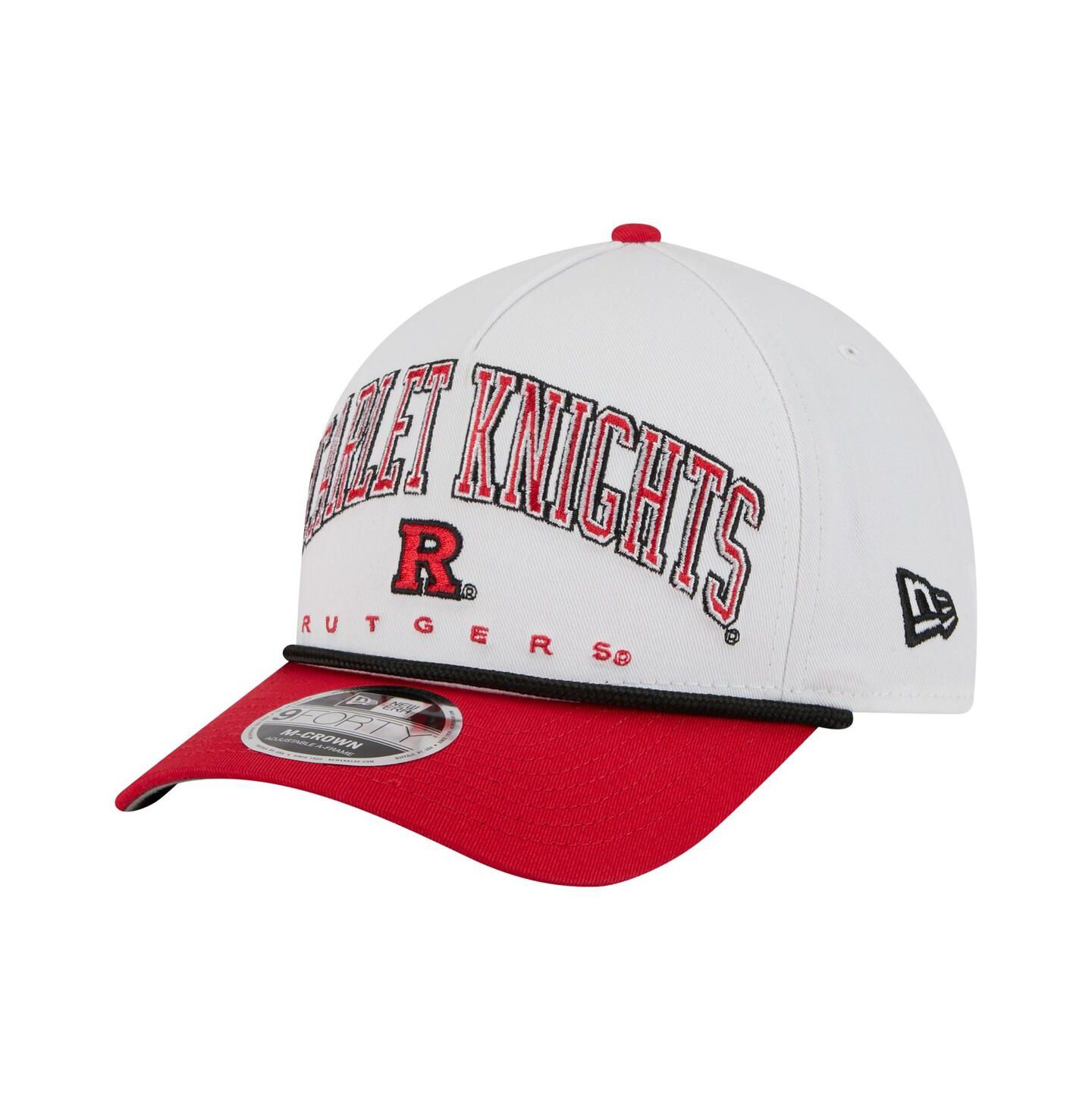 Мужская кепка New Era White/Scarlet Rutgers Scarlet Knights Arch Two-Tone Rope 9FORTY A-Frame M-Crown Adjustable Hat — фото 1