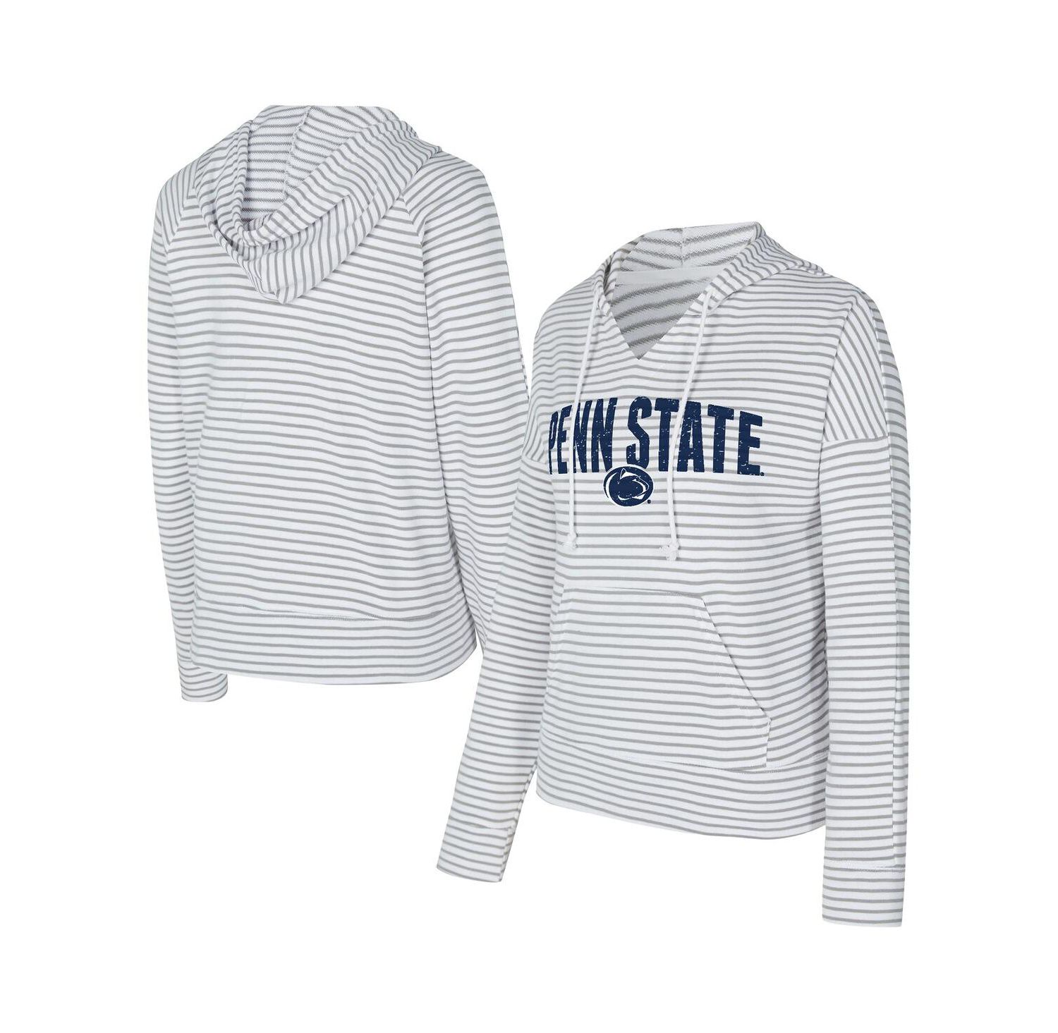 Men's White/Gray Penn State Nittany Lions French Terry Striped V-Neck Pullover Hoodie