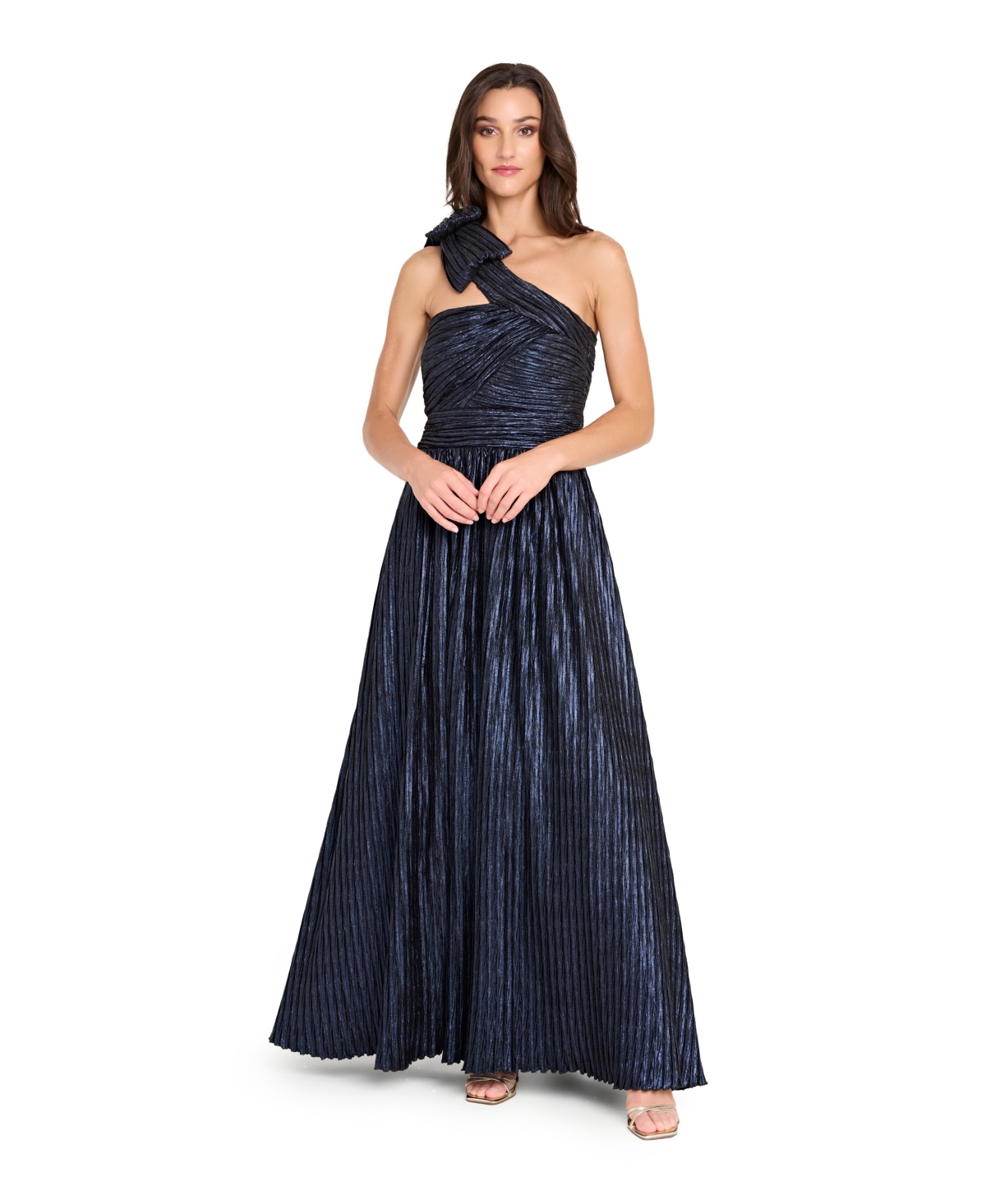 Tahari Asl One-shoulder Crinkle Evening Gown In Blue