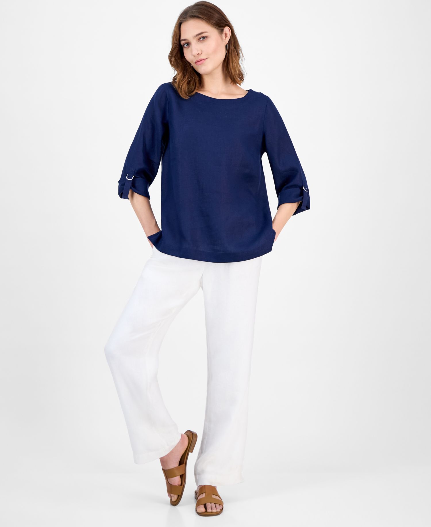 Petite 100% Linen Cuffed Top