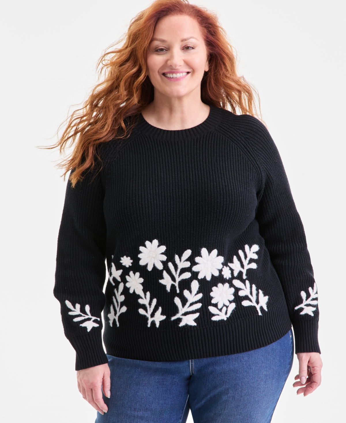 Style & Co Plus Size Embroidered Raglan-sleeve Sweater, Macy's Exclusive In Black