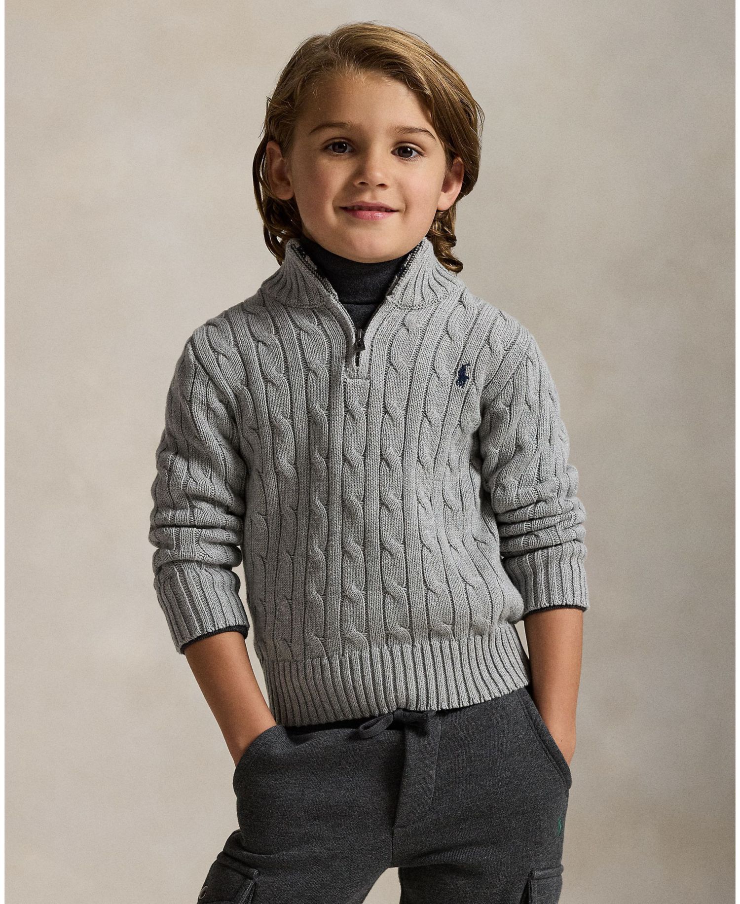 Boys 2-7 Cable-Knit Cotton Quarter-Zip Sweater
