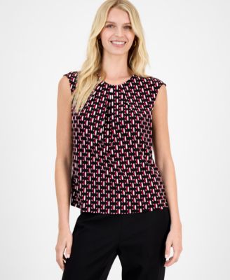 Kasper - Women's Geo-Print Pleated-Neck Blouse
