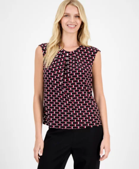 Women's Geo-Print Pleated-Neck Blouse, Regular & Petite - Fire Red Multi
