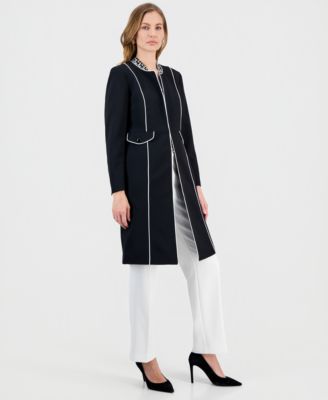 Women's Stretch Crepe Piping-Trim Long Jacket 