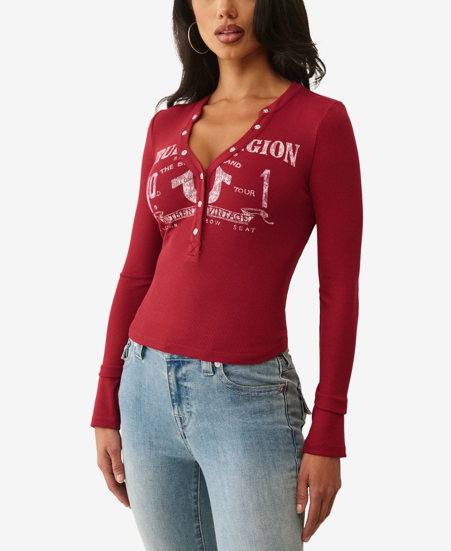 Women's LS Printed Ribbed Henley Top
