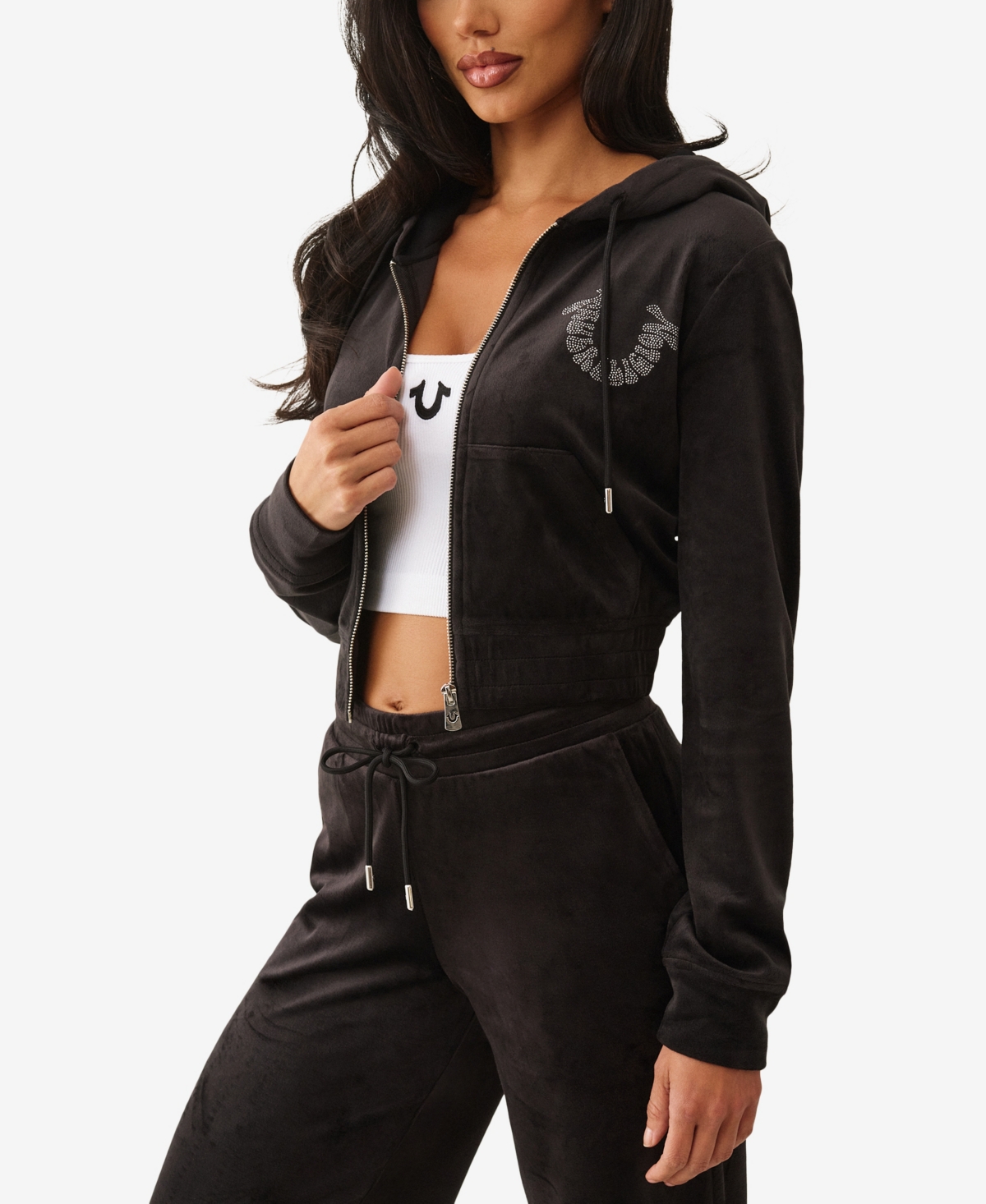 True Religion Women's Crystal Velour Zip Hoodie In Black